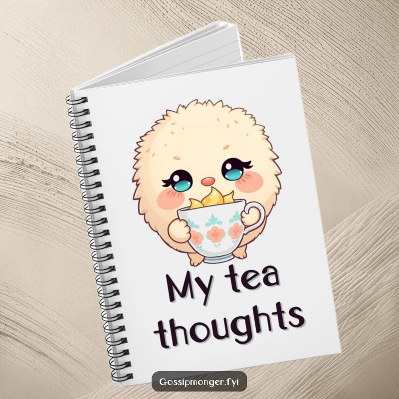 Funny notebook with a round, fluffy creature, large eyes, winking slyly, holding a tiny, overflowing teacup.
