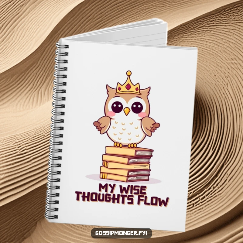 Funny notebook with a giggling crowned owl balancing on whispering letters, for jotting down wise thoughts and secrets.