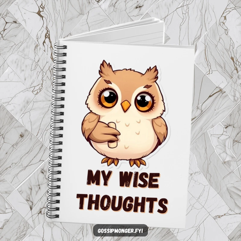 Funny plump happy owl with wide curious eyes, holding a tiny rolled-up scroll, notebook for writing.