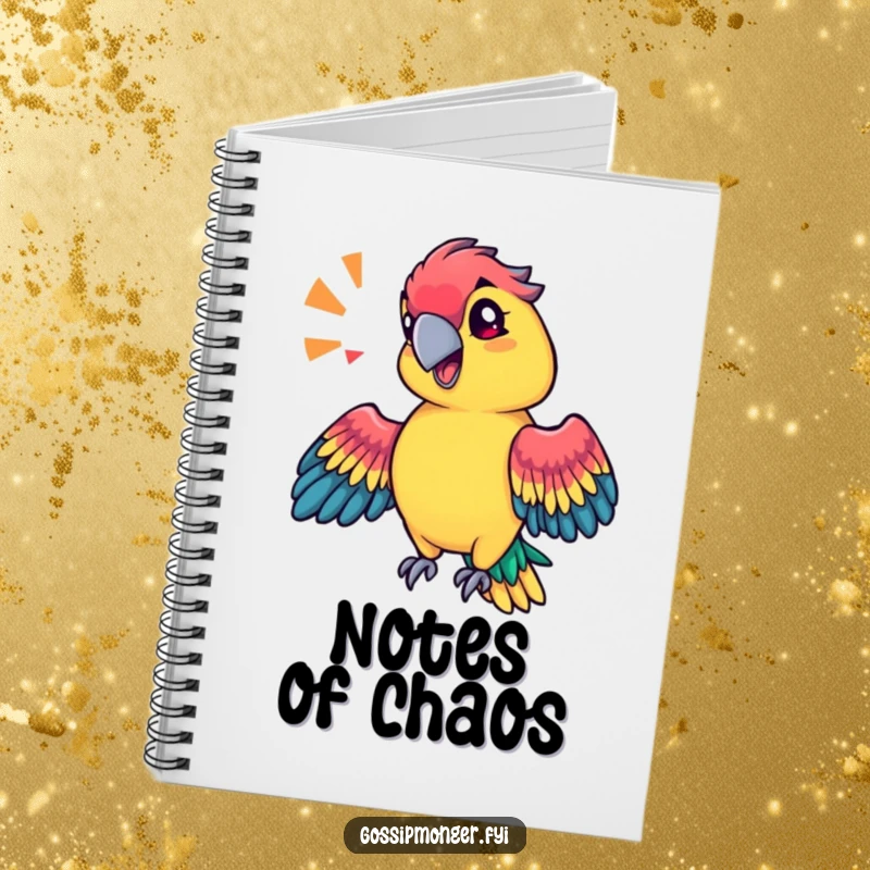 Funny technicolor parrot with a sassy tilt of its head, mimicking a sound effect with its wings, notebook for writing.