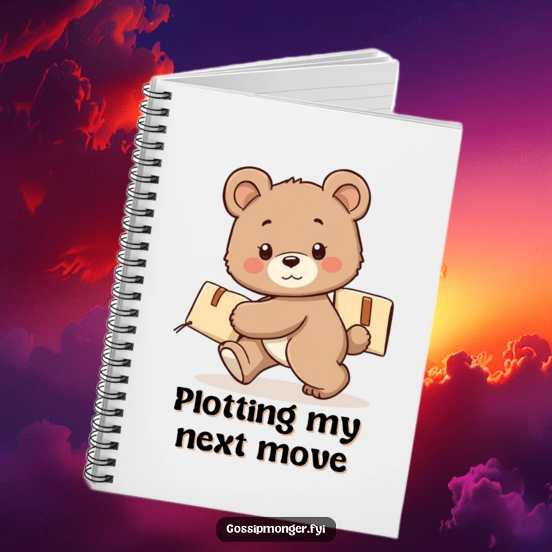 Funny bear cub notebook, tiptoeing with a secret package, lined pages, perfect for notes and journaling.