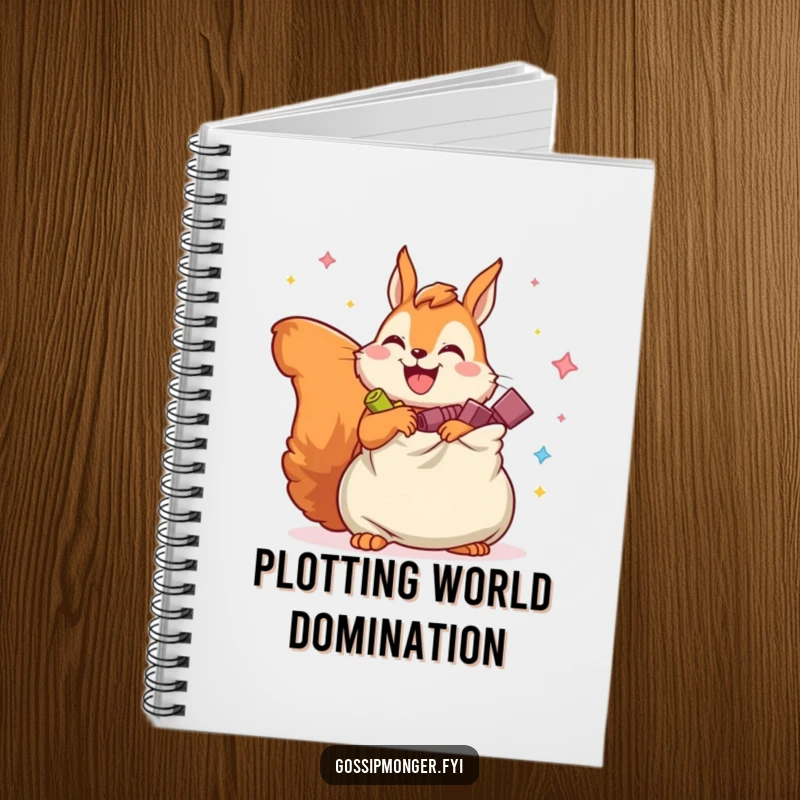 Funny notebook with a joyful squirrel holding an overflowing bag of imaginary secrets, inspiring creative writing.