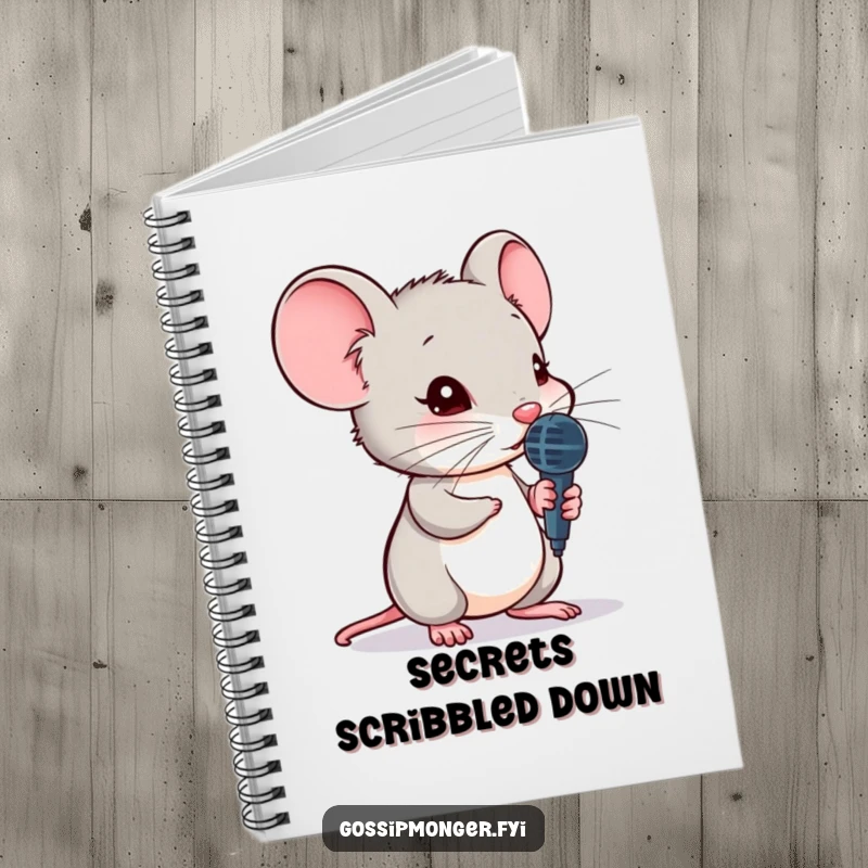 Funny mouse notebook, holding a tiny microphone, leaning to hear a secret, lined pages, perfect for notes and journaling.