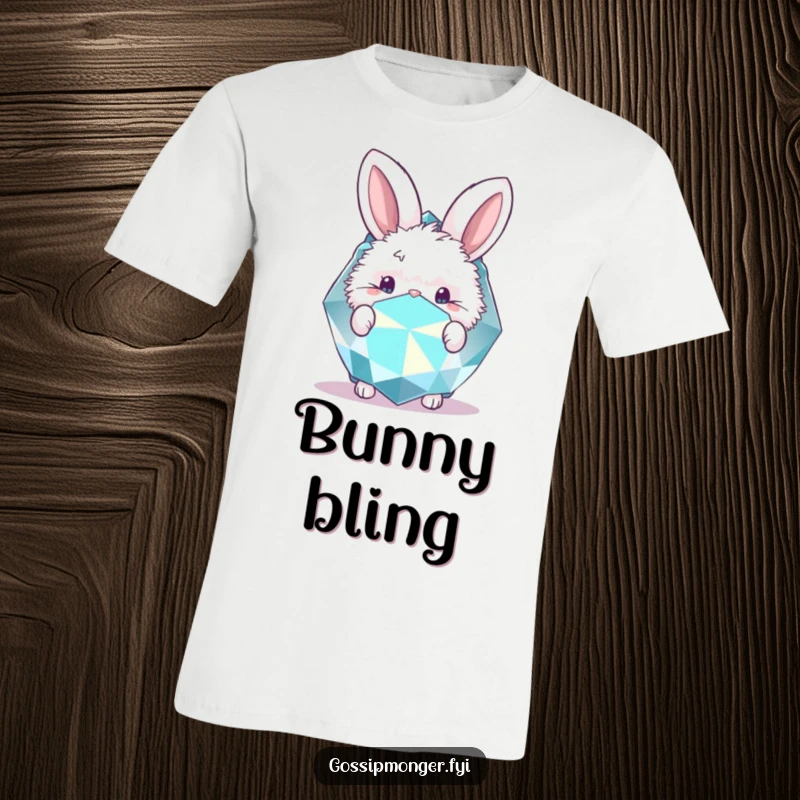 Funny t-shirt featuring a fluffy bunny peeking playfully from behind a large, glittering gemstone.