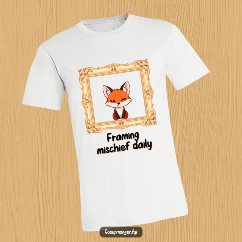Funny red fox with a mischievous wink, popping out of a giant ornate empty picture frame, playful t-shirt design.