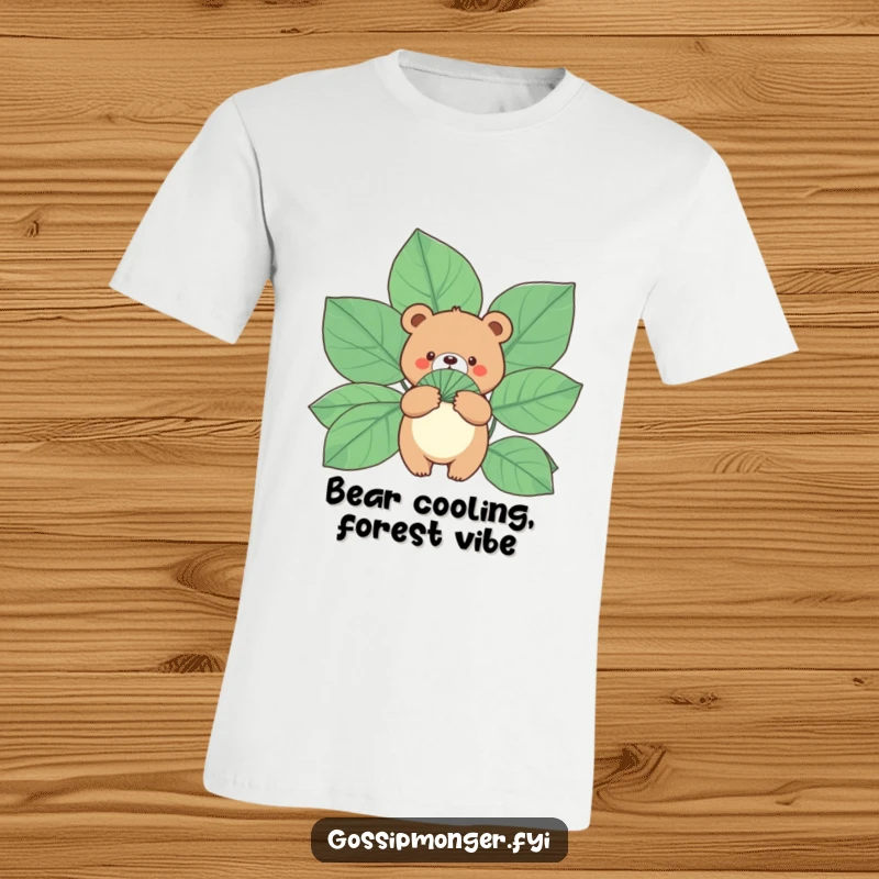 Funny Bear T-Shirt: A small, round bear holds a fan made of gigantic leaves, great for a humorous and relaxed gift.