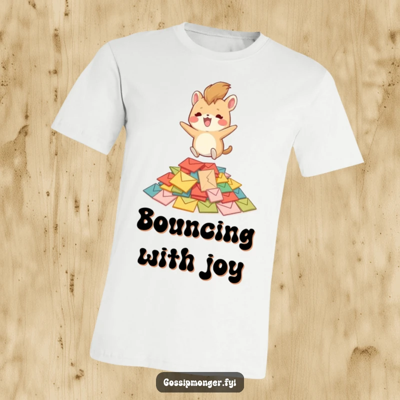 Funny creature with a bushy tail gleefully bouncing on a pile of small, colorful envelopes, creating a dynamic and humorous tee design.