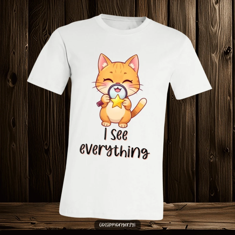 Funny t-shirt with a cheerful orange cat holding a magnifying glass to inspect a tiny, winking star with intrigue.