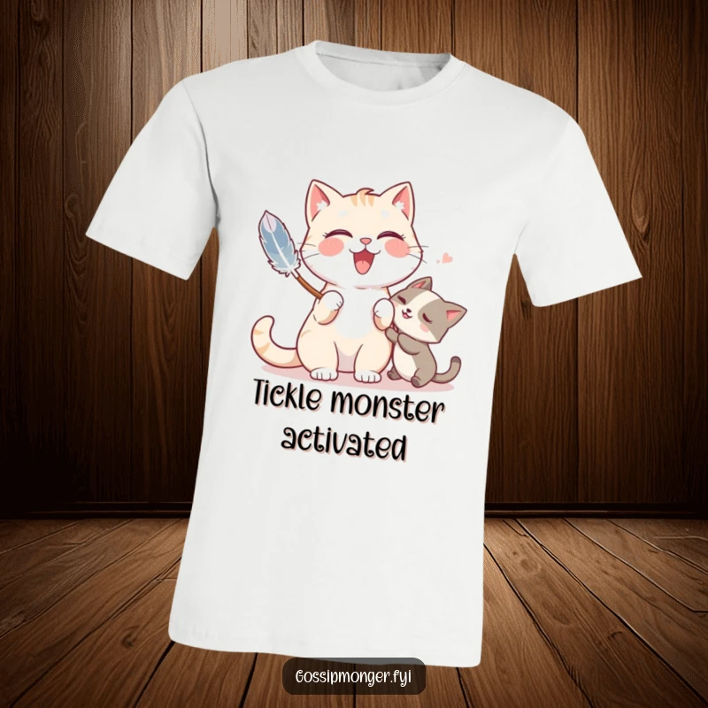 Funny t-shirt showing a giggling cat playfully tickling a friend with a feather duster, capturing pure amusement.
