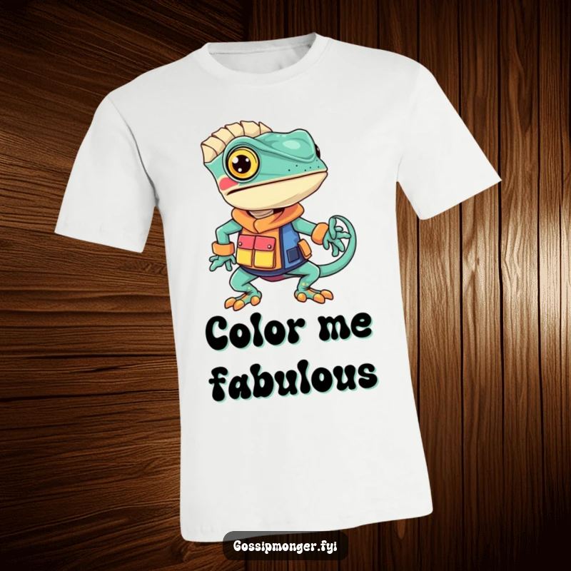 Funny chameleon t-shirt featuring a confident chameleon showcasing a unique, brightly colored outfit, embodying bold fashion sense.