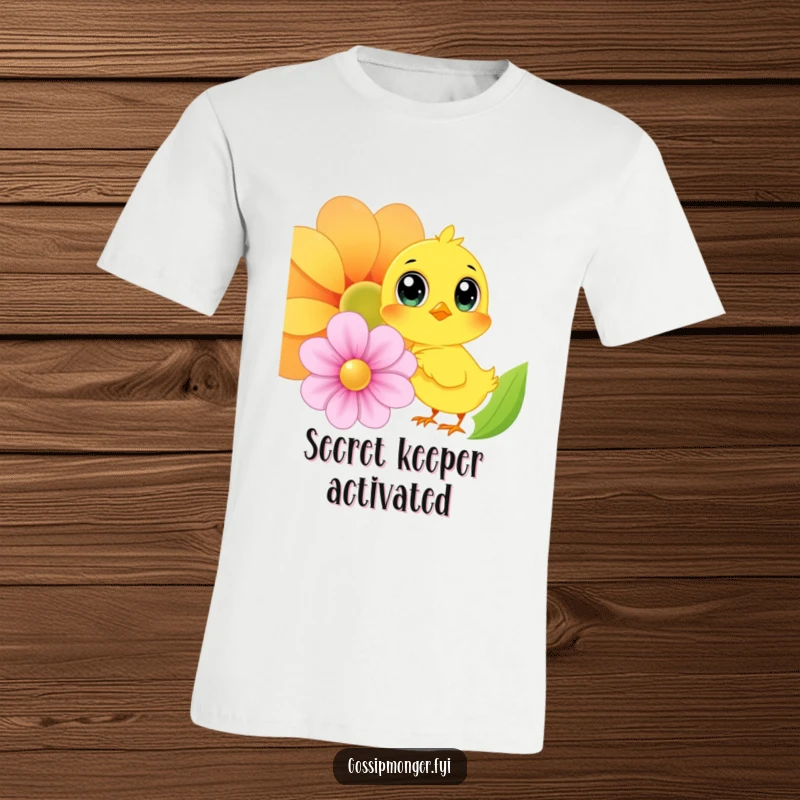 Funny Chick T-Shirt: A bright yellow chick with large eyes whispers secrets into an oversized, colorful flower, radiating cuteness and humor.