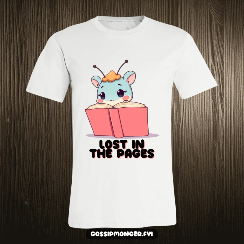 Funny creature with antennae subtly peeking from behind a giant book, creating a humorous and intriguing design on a comfortable tee.