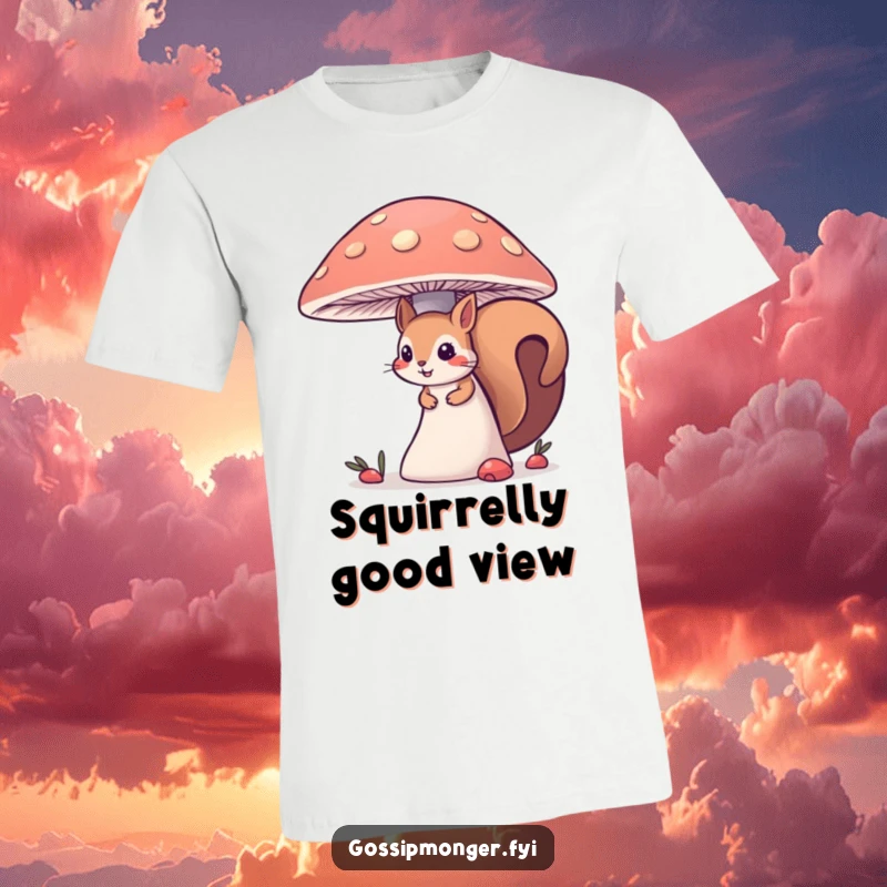 Funny curious squirrel t-shirt, peeking from behind a large mushroom, embodying a sense of wonder and playful woodland exploration.