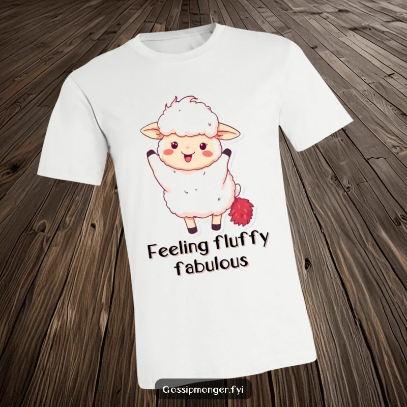 Funny t-shirt with a fluffy sheep gleefully waving a red feather boa, showcasing diva-like excitement.