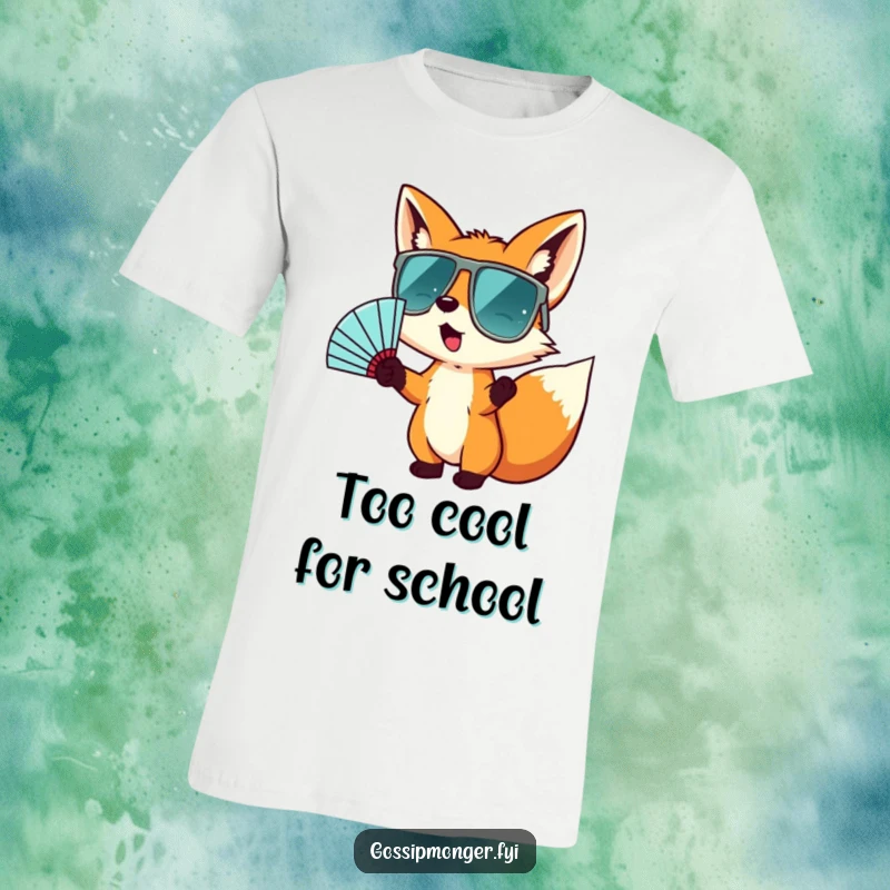 Funny t-shirt featuring a tiny fox in oversized sunglasses, wildly gesturing with a fan, embodying a fun, energetic, and attention-grabbing personality.