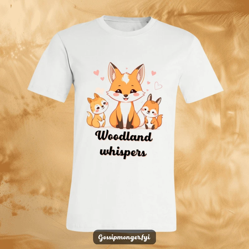 Funny t-shirt featuring a smiling fox sharing secrets with delighted squirrels, birds, and other forest friends.