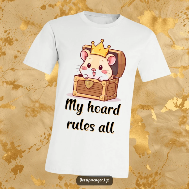 Funny T-Shirt: A small hamster with a crown peeking from a treasure chest, showing curiosity and wealth, an excellent funny gift.