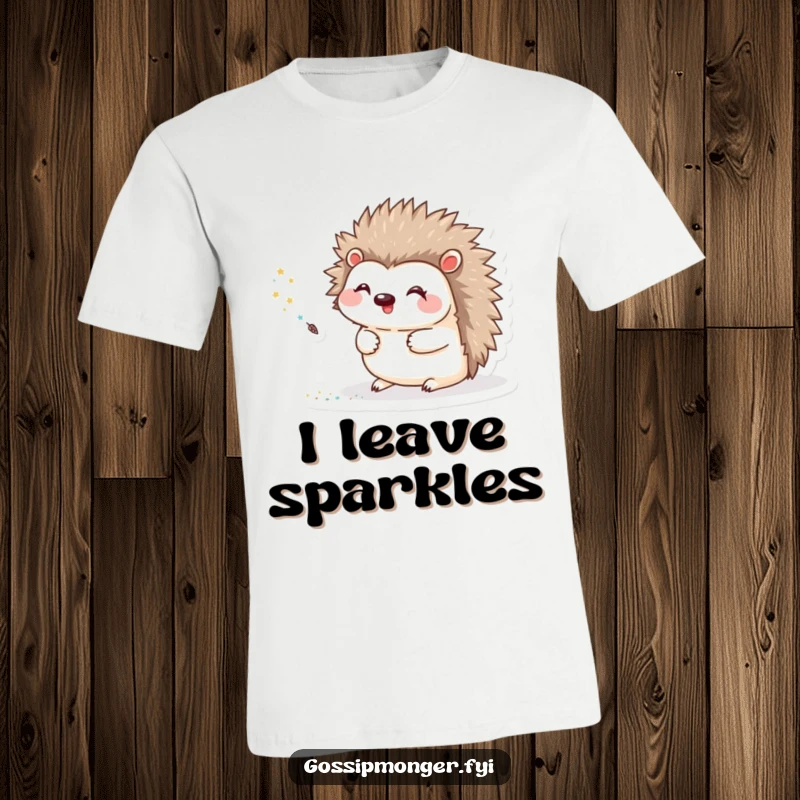 Funny T-Shirt with a happy hedgehog artist, leaving a dazzling trail of glitter with a tiny quill, full of joy.
