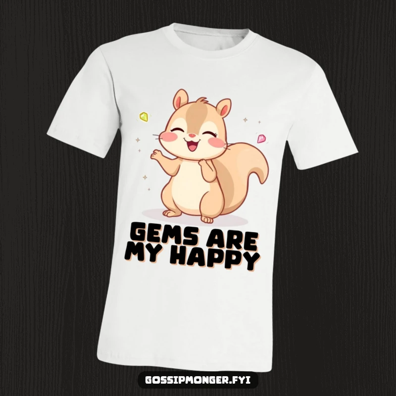 Funny Kawaii Squirrel T-Shirt: A cheerful, cute squirrel joyfully juggles tiny, sparkling gems, a vibrant and humorous graphic.