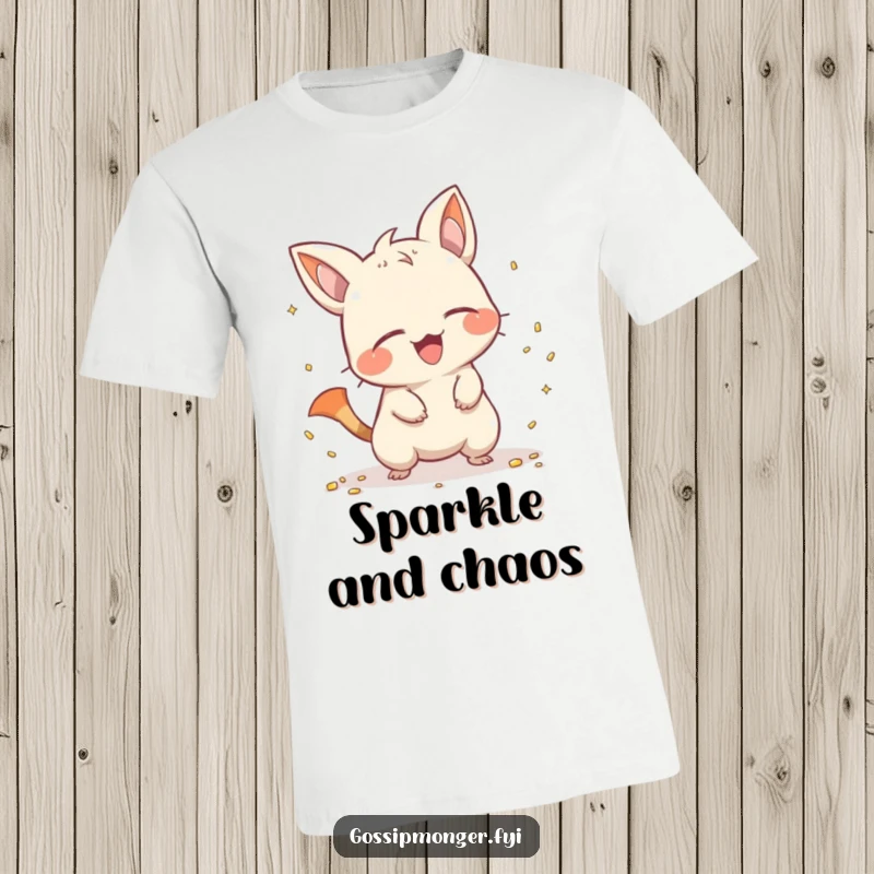 Funny creature with a pointy tail giggling playfully while scattering small, shiny objects, creating a whimsical and humorous design on this tee.