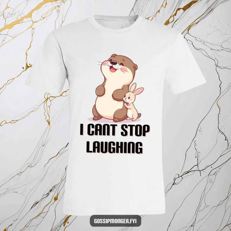 Funny otter t-shirt featuring a delighted otter slapping its belly with glee while observing a tiny rabbit whisper.