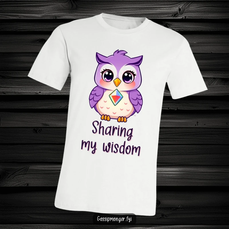 Funny t-shirt with a smiling purple owl, wide-eyed, sharing a bright shining gem with another character.
