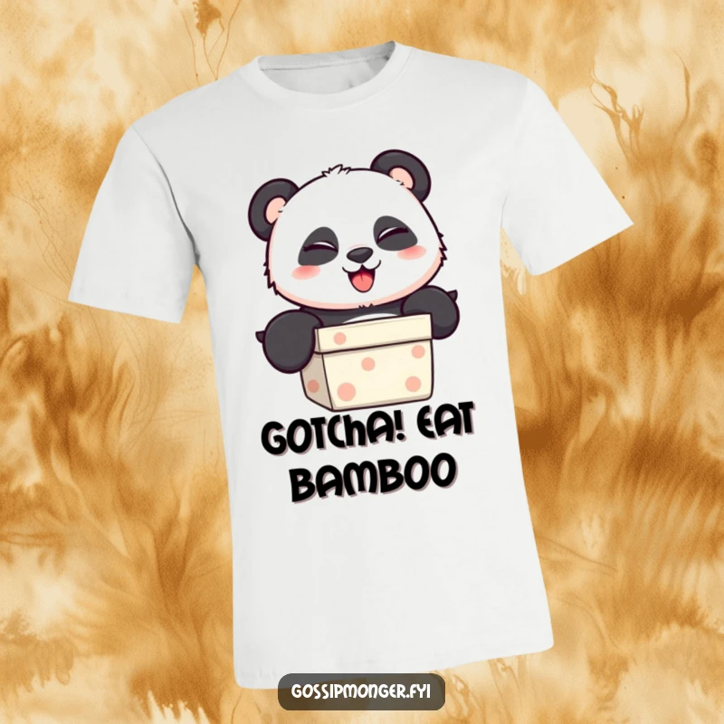Funny T-Shirt showcasing a playful panda emerging from a gift box with a sly, mischievous wink and a grin.