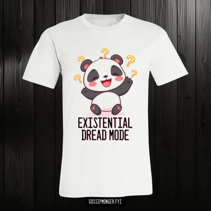 Funny t-shirt showcasing a giggling panda bear expertly juggling three glowing question marks with a wide, amused smile.