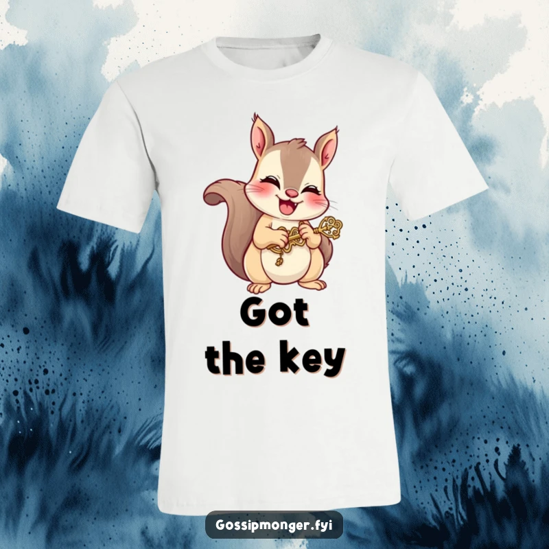 Funny t-shirt featuring a mischievous squirrel giggling while holding a tiny, ornate key, embodying a sense of playful discovery and nutty fun.