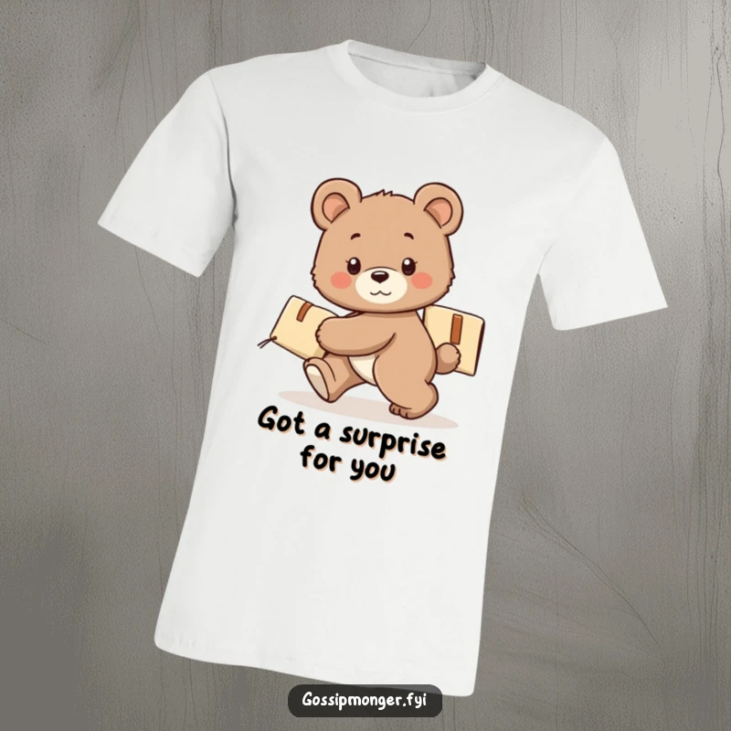 Funny bear cub t-shirt, tiptoeing with a secret package, adorable design, soft fabric, playful character.