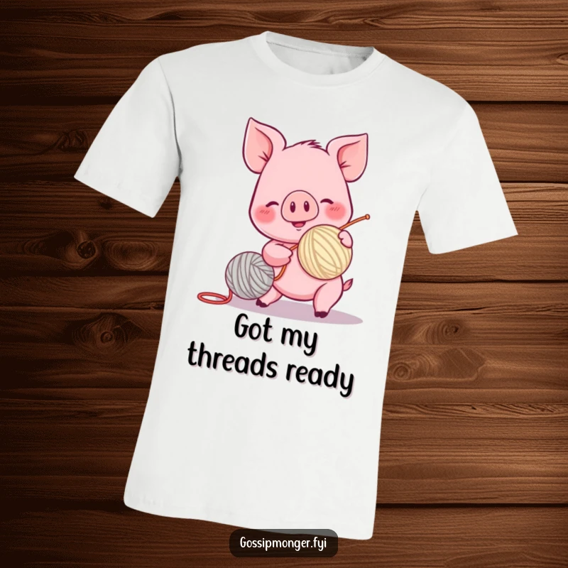 Funny piglet t-shirt, spinning a yarn ball with excitement, rosy cheeks, cute and energetic design.