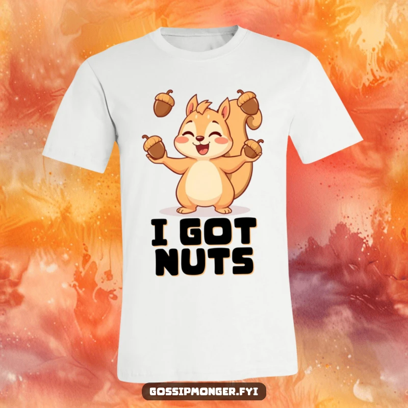 Funny t-shirt with a happy squirrel enthusiastically juggling a pile of acorns, radiating pure joy and playful mischief.