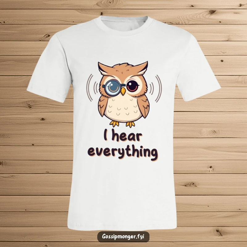 Funny owl t-shirt, wearing a monocle, listening to a sound wave, intellectual and charming design.