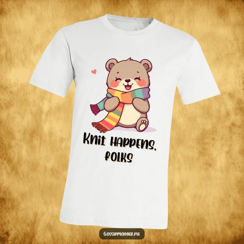 Funny t-shirt featuring a joyous bear happily knitting an extra long, colorful scarf, full of creative bliss.