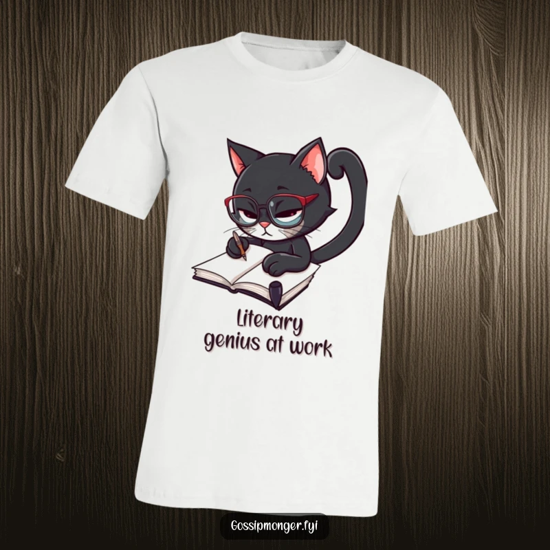 Funny black cat wearing spectacles, furiously scribbling in a notebook with a quill, ideal for book lovers and cat enthusiasts.