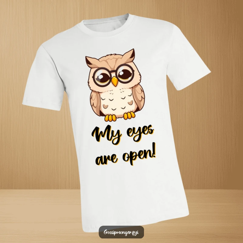 Funny Surprised Owl T-Shirt: A wise owl with a monocle is caught wide awake and looking incredibly surprised, a hilarious depiction.