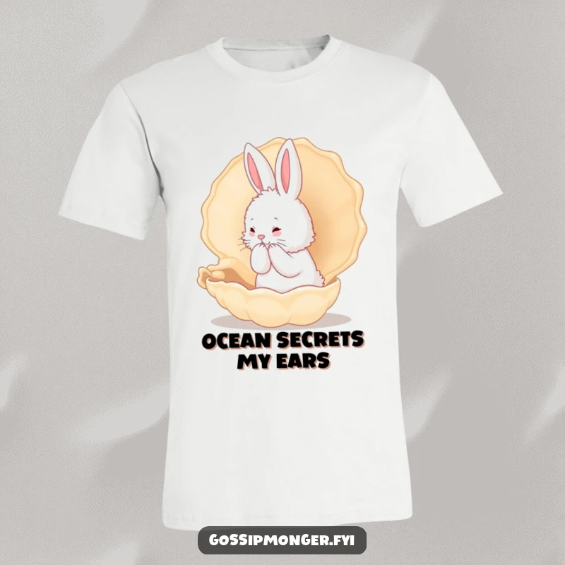 Funny Bunny T-Shirt: A fluffy white rabbit whispers secrets into a large conch shell, ideal for a humorous and cute gift.