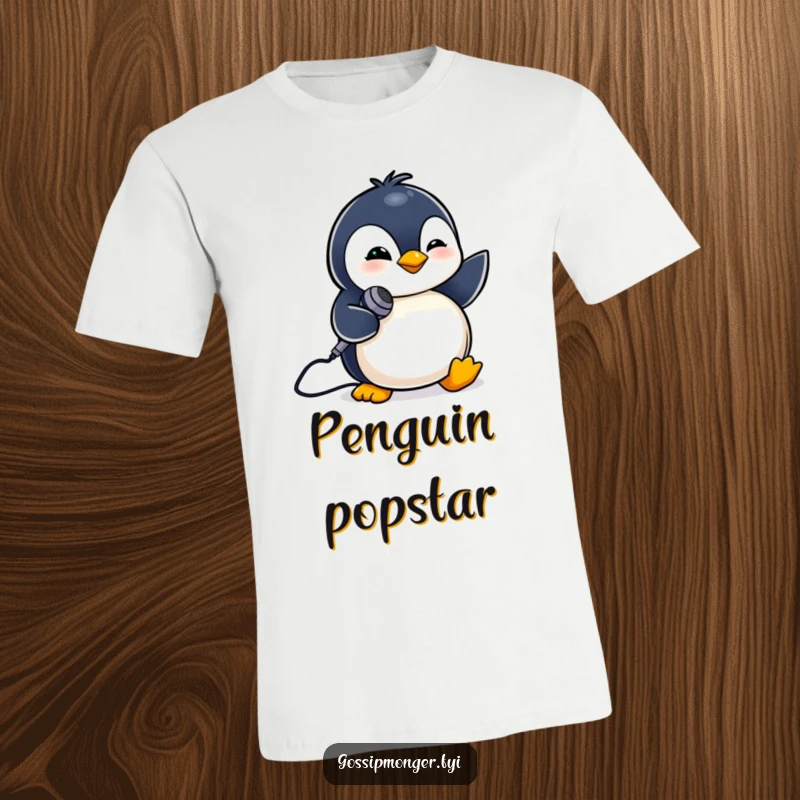 Funny t-shirt featuring a tiny penguin giving a confident wink while holding a small microphone.