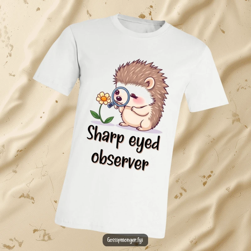 Funny tiny hedgehog with a magnifying glass looking at a whispering flower, printed on a comfortable t-shirt, perfect gift.