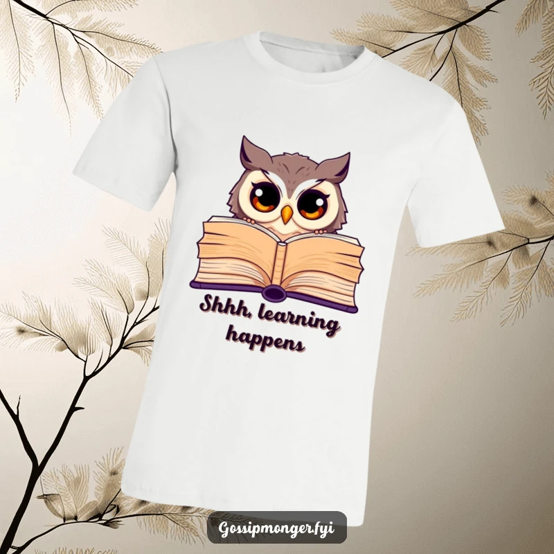 Funny t-shirt with a curious owl with wide eyes peeking from behind a giant open book, celebrating reading and humor.