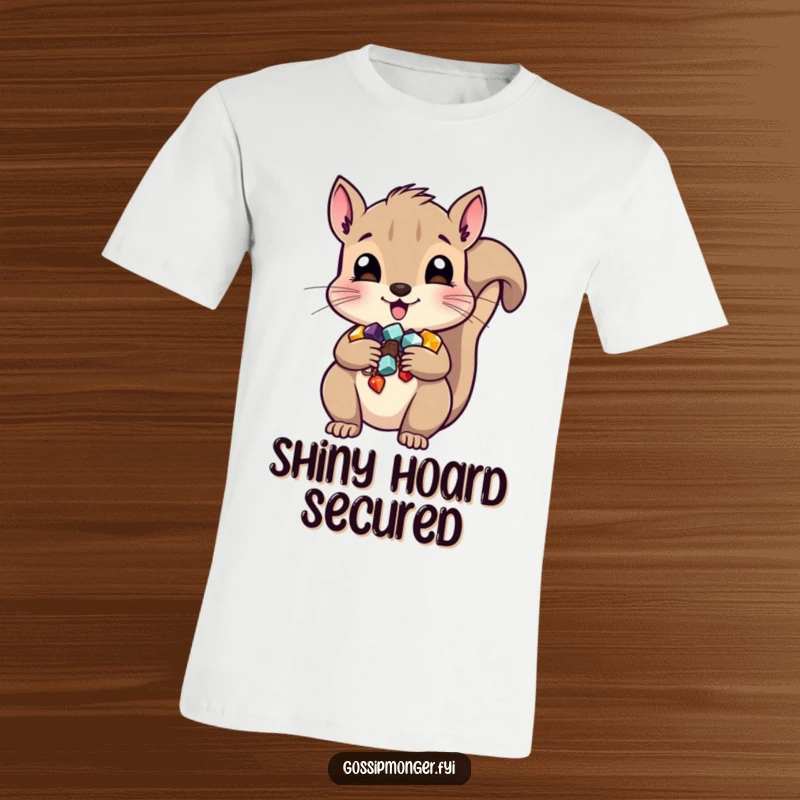 Funny squirrel t-shirt with cheeks full of shiny trinkets, depicted in a mischievous hoarding pose, great for gift.
