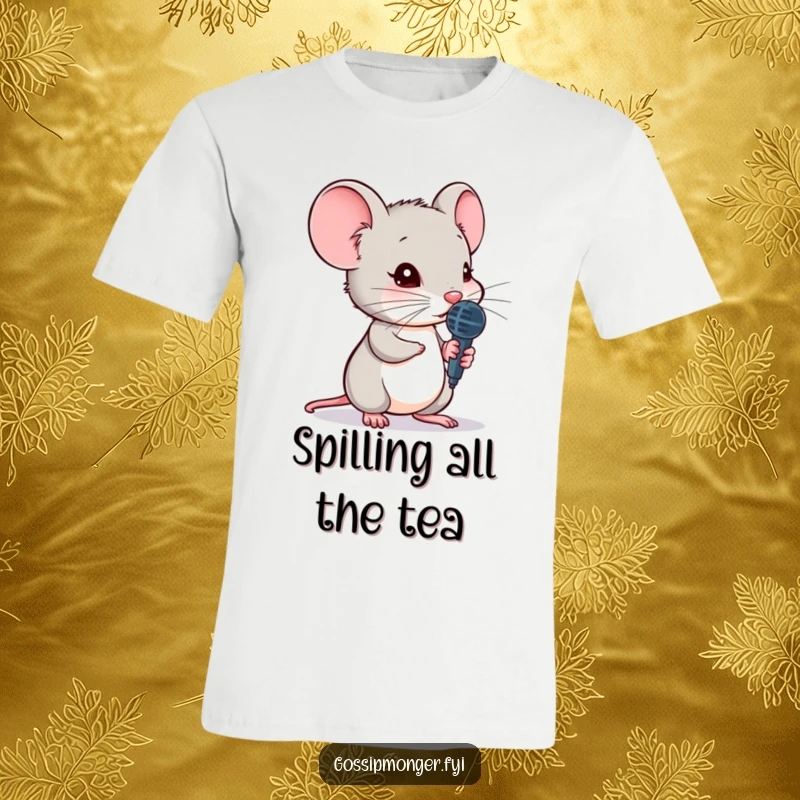 Funny mouse t-shirt, holding a tiny microphone, leaning to hear a secret, inquisitive and cute design.