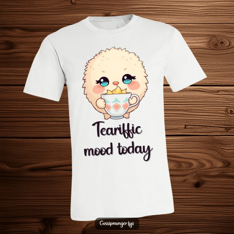 Funny t-shirt with a round, fluffy creature, large eyes, winking slyly, holding a tiny, overflowing teacup.