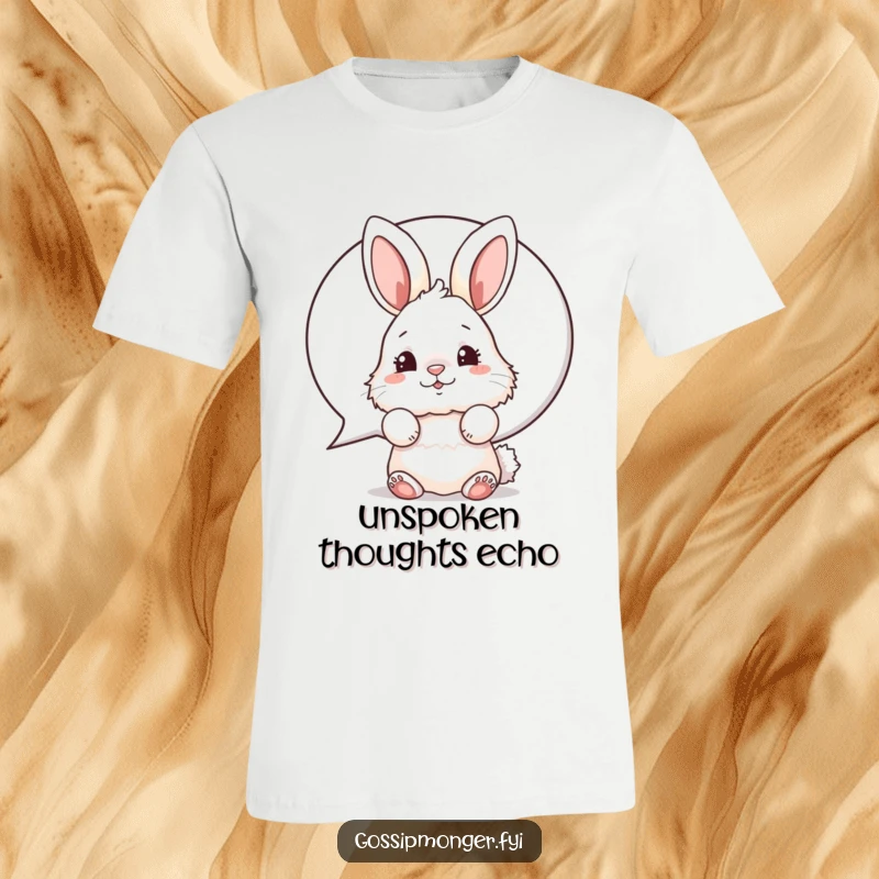 Funny bunny t-shirt featuring a fluffy rabbit peeking from behind a large speech bubble, nose wiggling humorously.