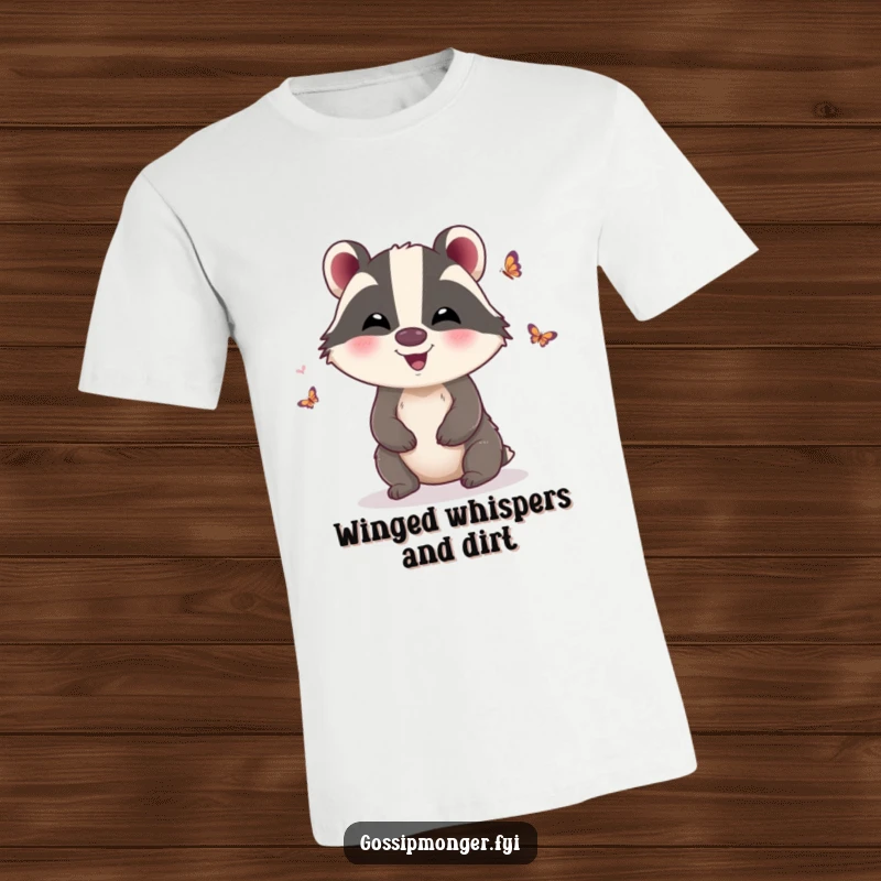 Funny T-Shirt: A giggling badger with small, delicate butterfly wings fluttering, suggesting funny secrets and lightheartedness, an excellent funny gift.