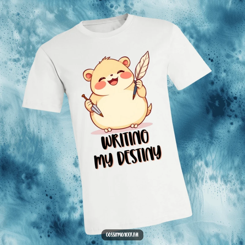 Funny t-shirt showing a plump, smiling creature gleefully scribbling notes with a comically oversized quill pen.