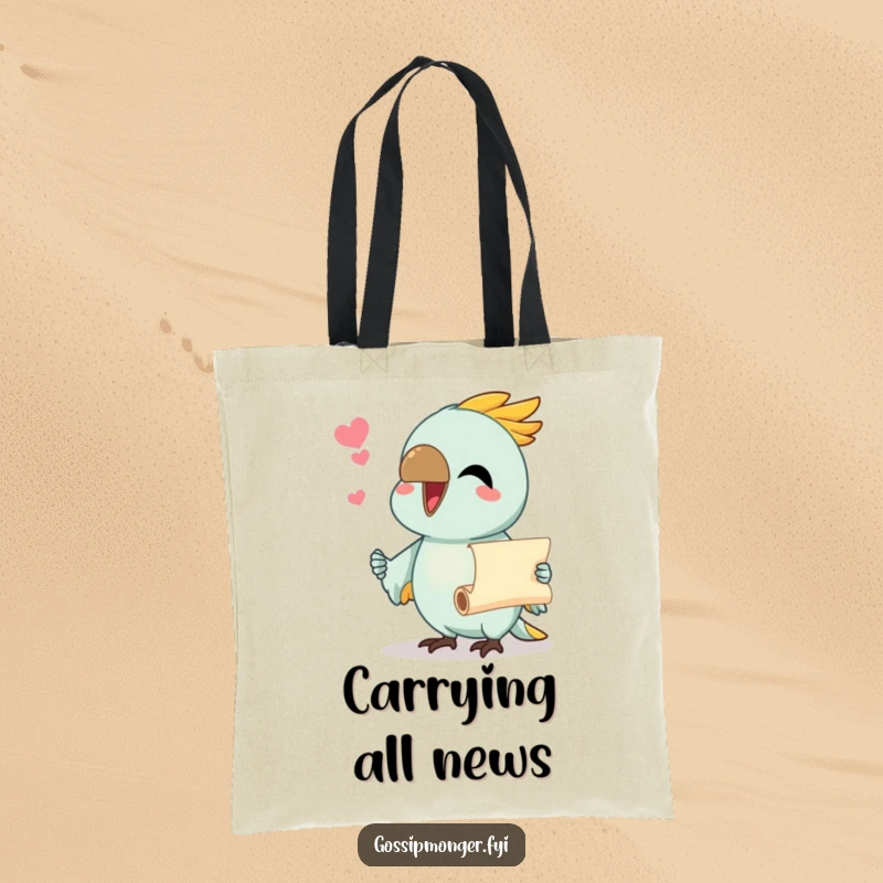 Funny tote bag with a chatty parrot holding a tiny scroll, perfect for carrying messages and secrets.