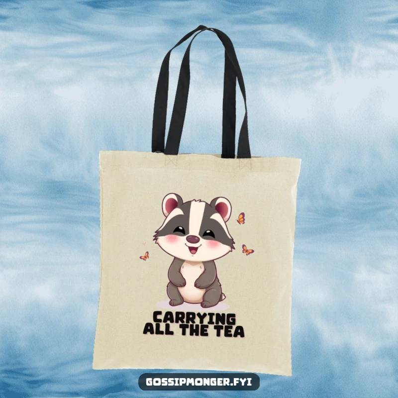 Funny Tote Bag: A giggling badger with tiny butterfly wings, perfect for carrying essentials with a funny, gossipy flair, ideal funny gift.