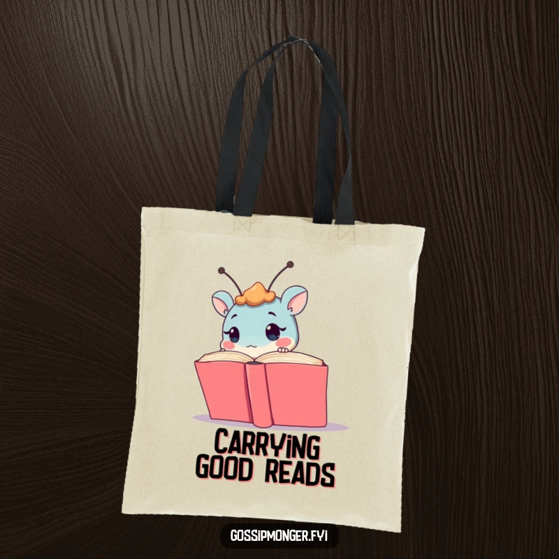Funny creature with antennae peeking from a book, featured on a practical tote bag, perfect for carrying books and a sense of humor.