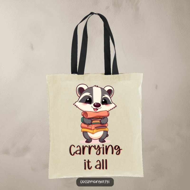 Funny tote bag featuring a cheerful badger balancing a stack of colorful, gossip-filled scrolls, perfect for carrying items with a hint of playful knowledge.